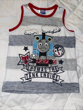 2017 Thomas the Tank Engine Boys' Grey & White Stripe Tank Top with Red
